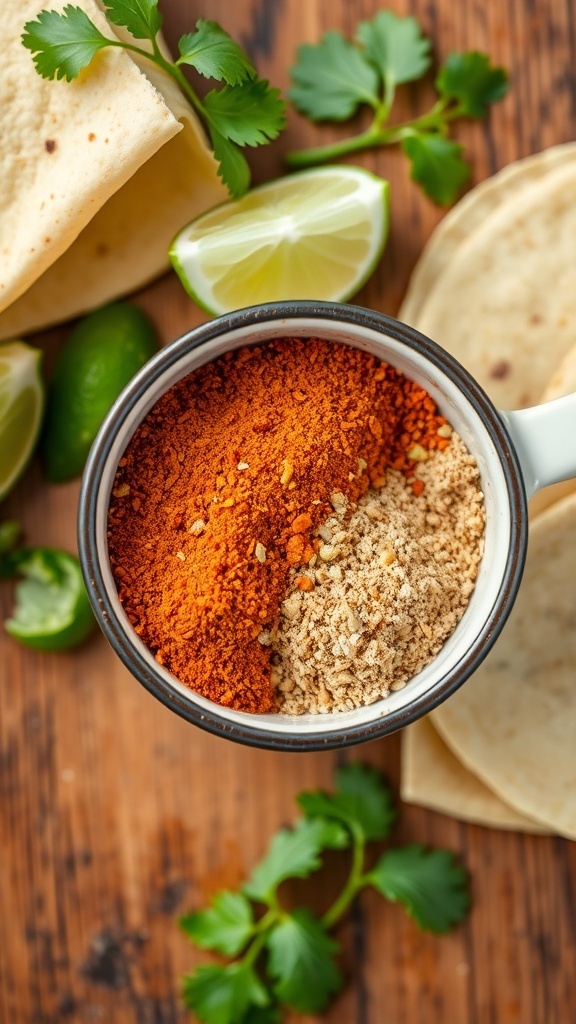 A bowl of homemade taco seasoning with fresh ingredients like cilantro and lime, on a rustic table.